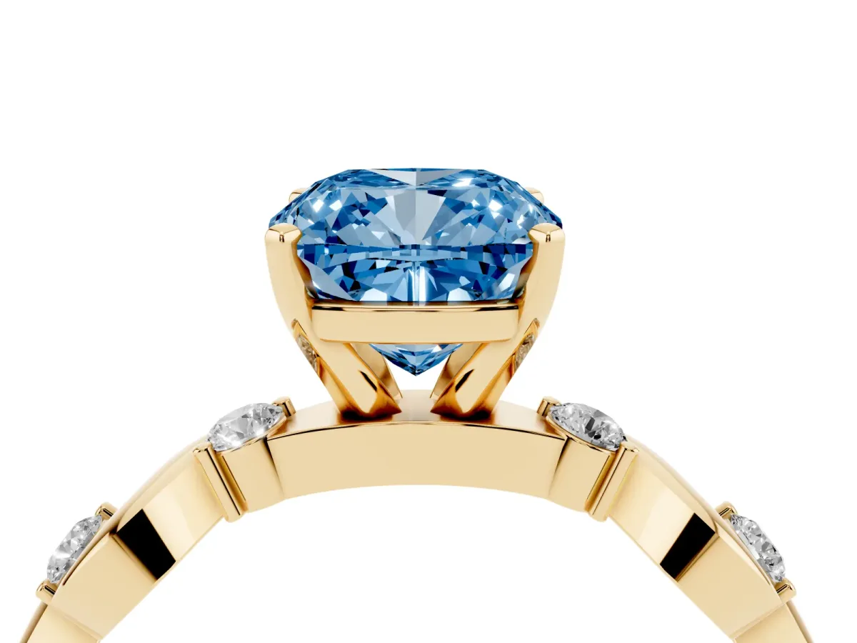 Fancy Blue Cushion Cut Diamond Solitaire Twisted Band with Round Accents and Prong Setting Yellow gold