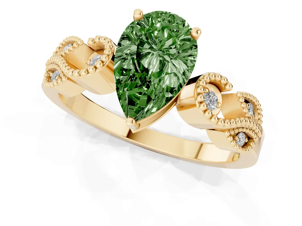 Fancy Green Pear Cut Solitaire Milgrain Leaf Band with Prong Setting Yellow gold