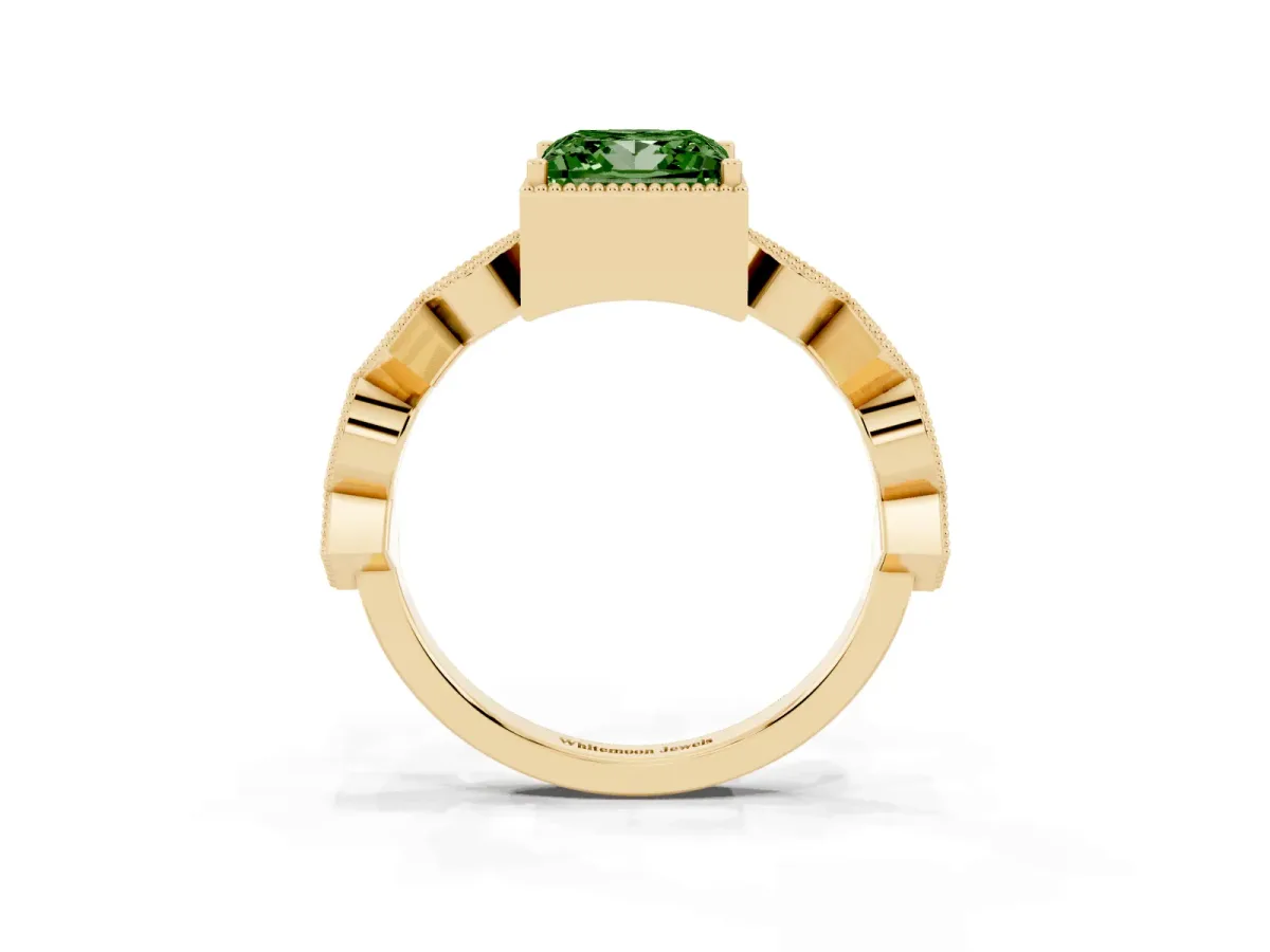 Fancy Green Princess Cut Milgrain Marquise Diamond Twist Band Ring Yellow gold