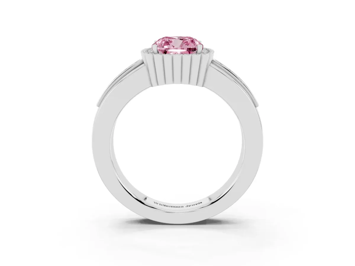 Fancy Pink Cushion Cut Cut Halo Pave Band Four-Prong Ring Silver