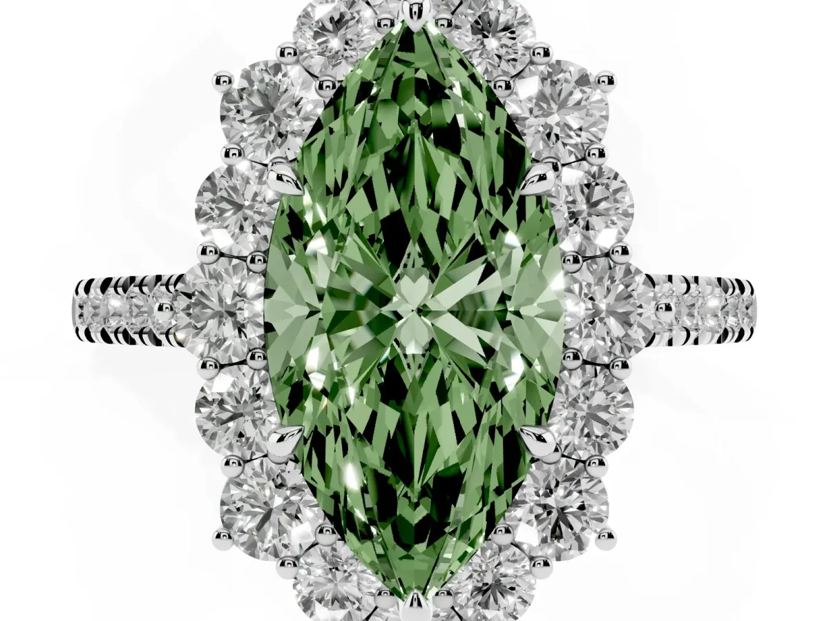 Fancy Green Marquise Cut Halo Diamond Ring with Pavé Band and Prong Setting Silver