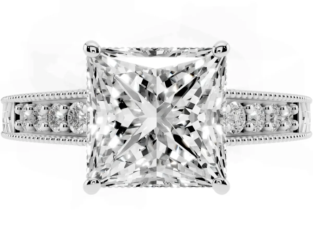Princess Cut Solitaire Pavé Diamond Milgrain Engagement Ring with Four-Prong Setting Silver