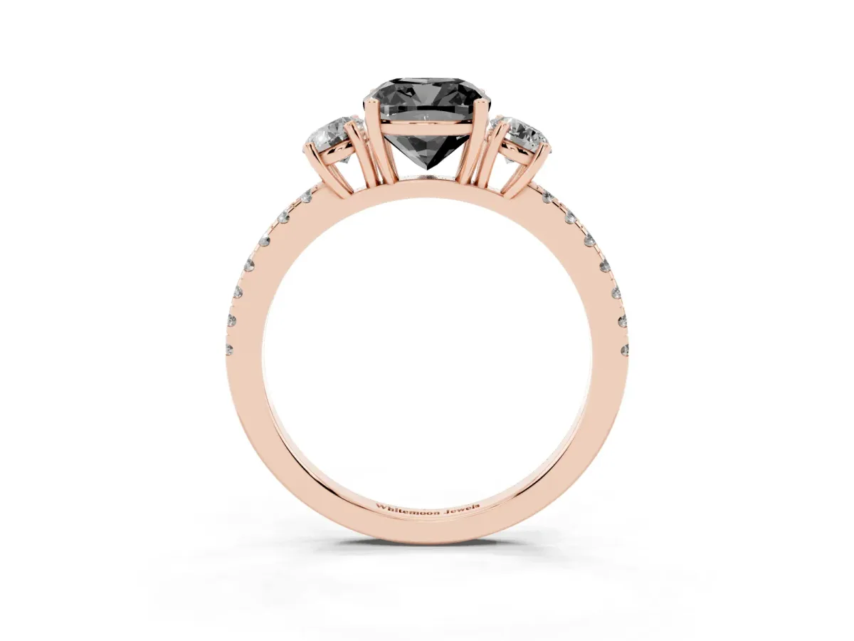 Fancy Black Three-Stone Cushion Cut Cut Diamond Pavé Band with Prong Setting Rose gold