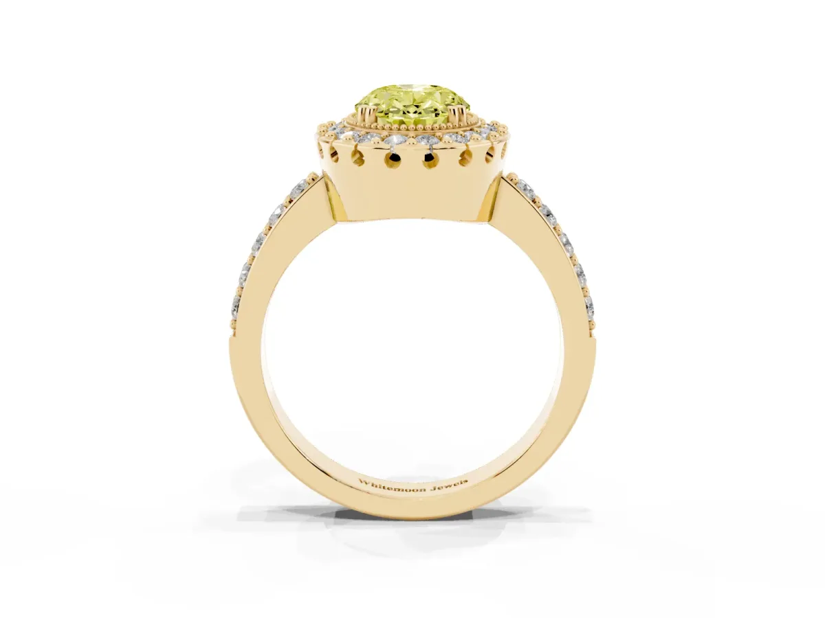 Fancy Yellow Oval Cut Diamond Halo Ring with Pavé Band and Prong Setting Yellow gold