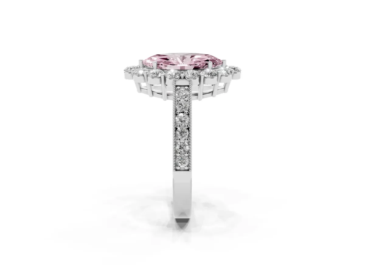 Fancy Pink Marquise Cut Cut Halo Diamond Pavé Engagement Ring with Milgrain Detailing Platinum