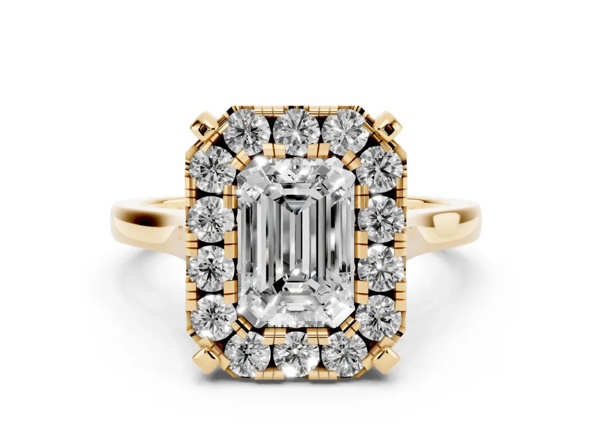 Emerald Cut Diamond Cluster Halo Solitaire with Four-Prong Setting Yellow gold