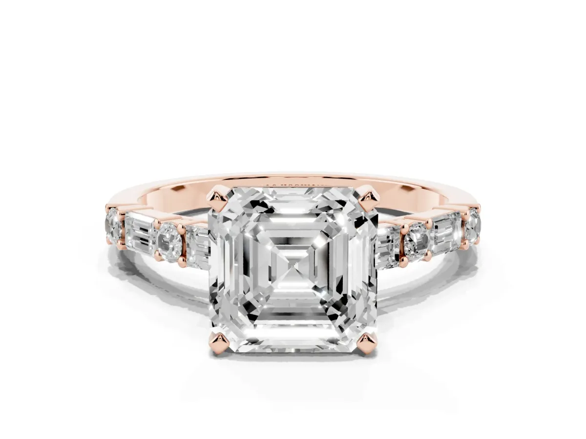 Asscher Cut Diamond Solitaire with Side Baguettes and Channel Set Band Rose gold