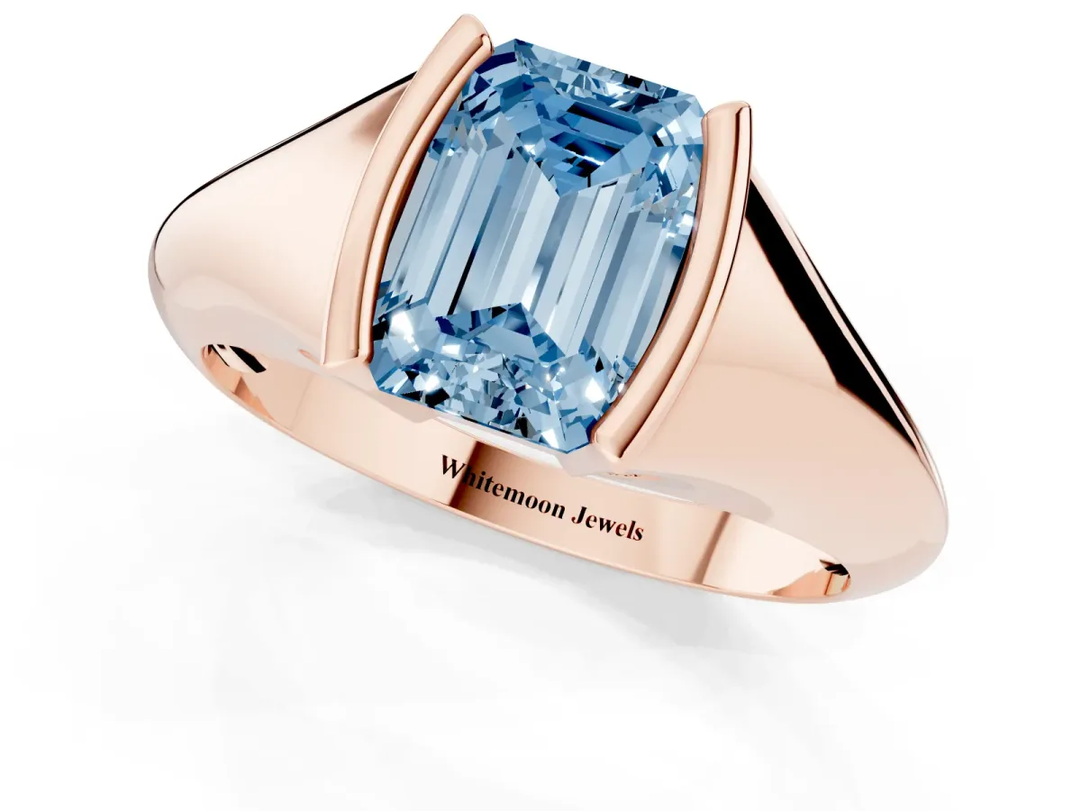 Fancy Blue Emerald Cut Solitaire Tension Set Diamond Ring Rose gold
