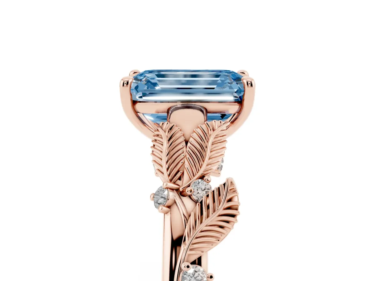 Fancy Blue Emerald Cut Diamond Solitaire Ring with Leaf Motif Band and Four-Prong Setting Rose gold