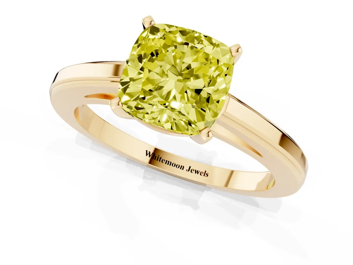 Fancy Yellow Cushion Cut Solitaire Diamond Ring with Four-Prong Setting and Classic Band Yellow gold