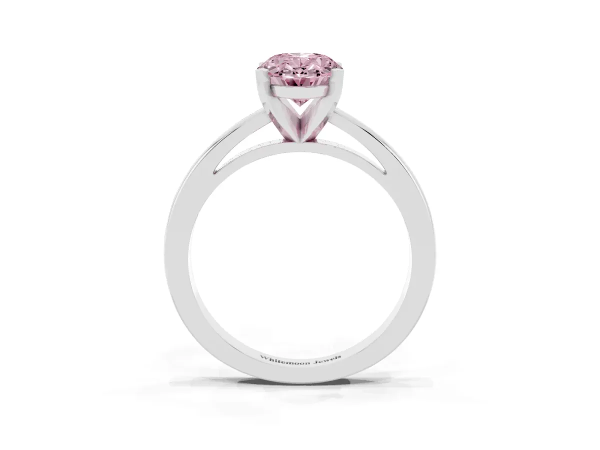 Fancy Pink Oval Cut Solitaire Diamond Engagement Ring with Four-Prong Setting on a Classic Band Platinum