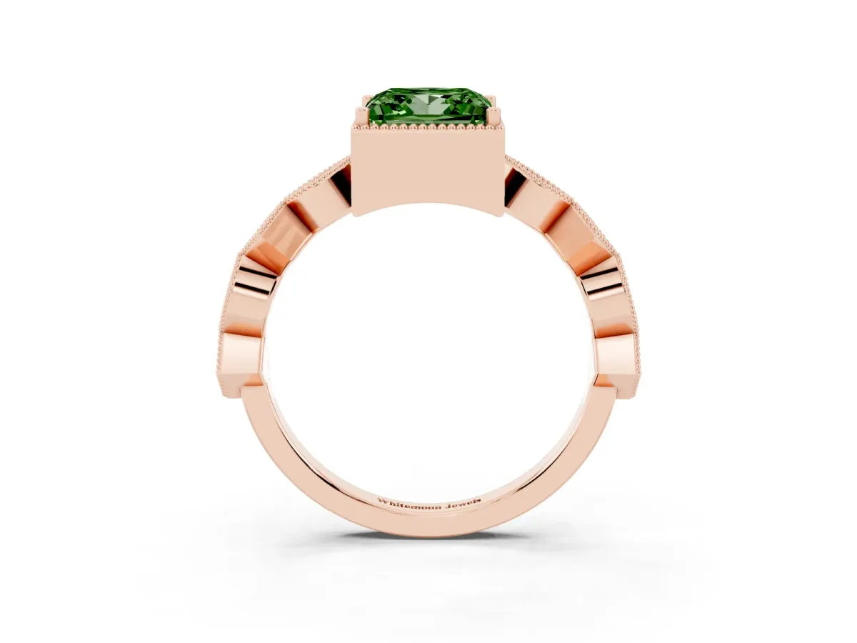 Fancy Green Princess Cut Milgrain Marquise Diamond Twist Band Ring Rose gold