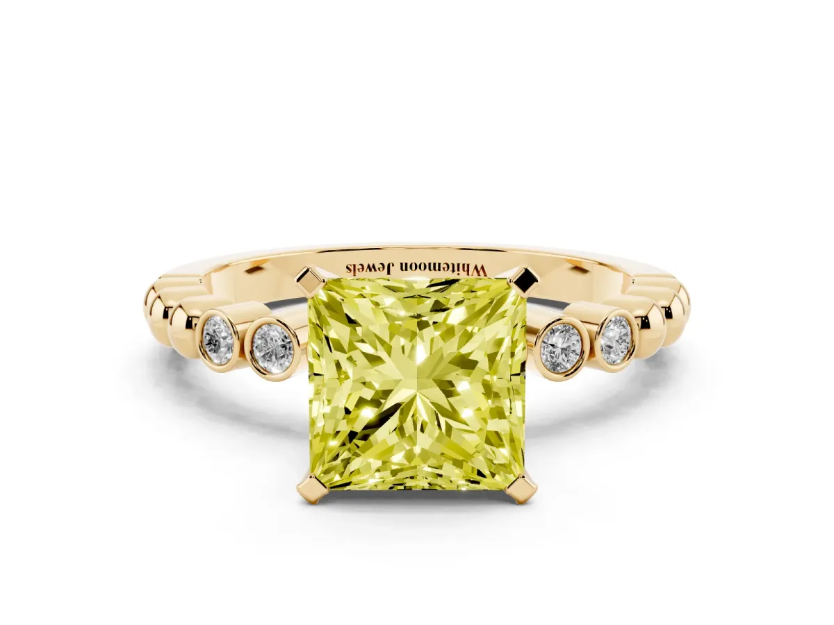 Fancy Yellow Princess Cut Solitaire Bezel Accent Diamond Engagement Ring with Beaded Band and Four-Prong Setting Yellow gold