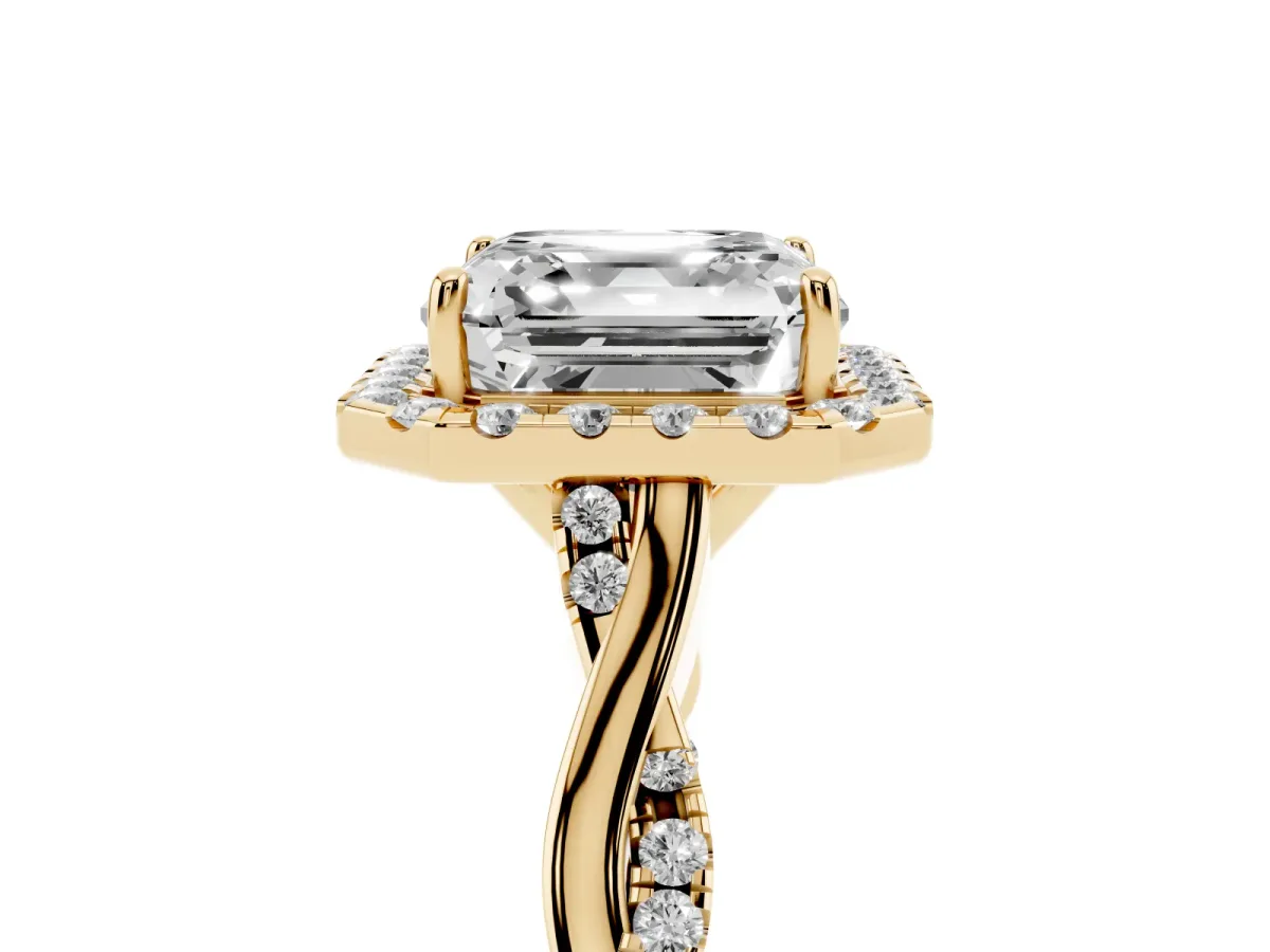 Asscher Cut Halo Twist Band Solitaire Ring Yellow gold