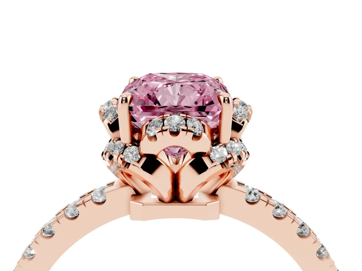 Fancy Pink Radiant Cut Halo Diamond Pave Band Ring with Four-Prong Setting Rose gold