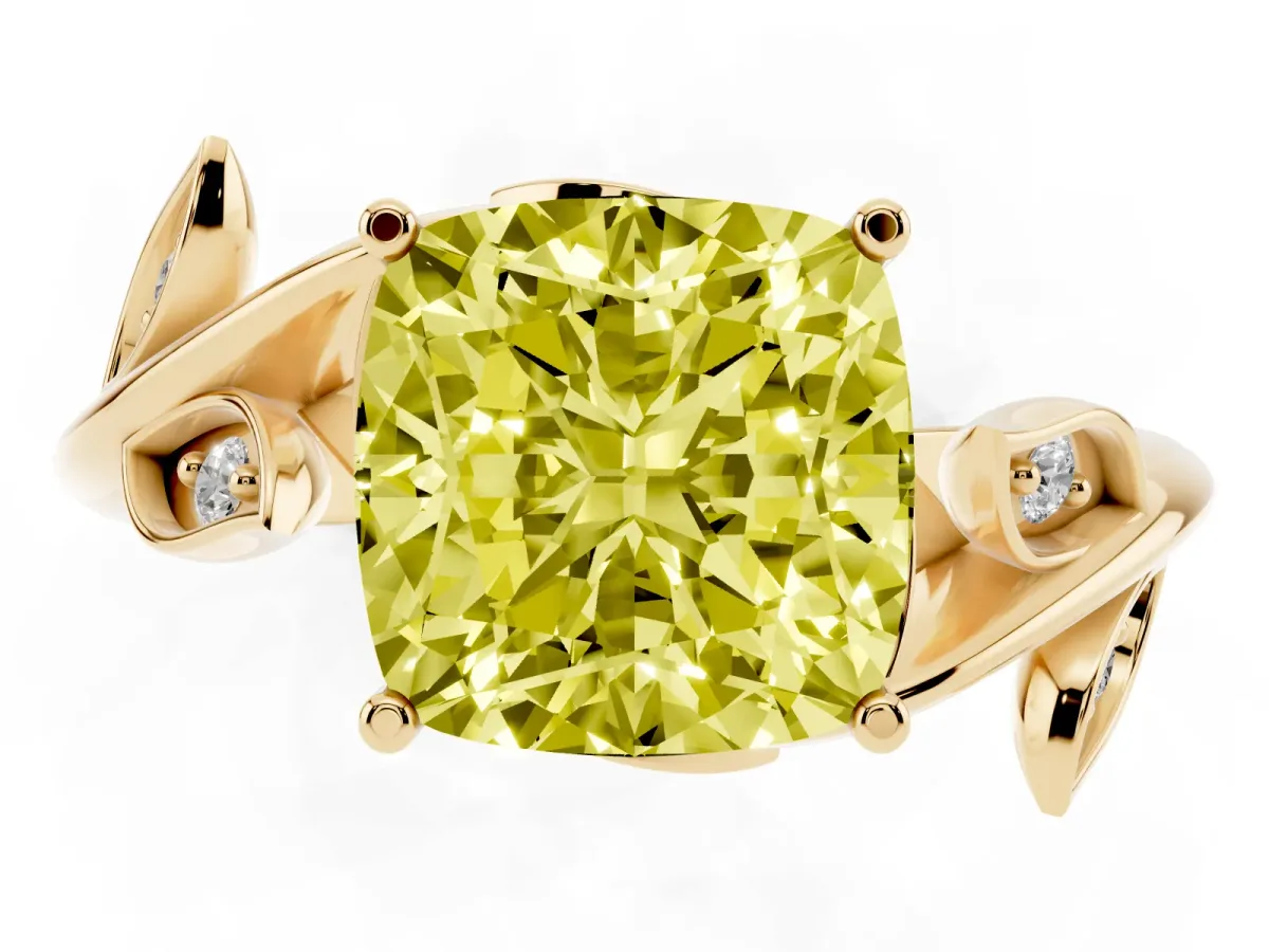 Fancy Yellow Cushion Cut Solitaire Twist Engagement Ring with Leaf Accents and Prong Setting Yellow gold