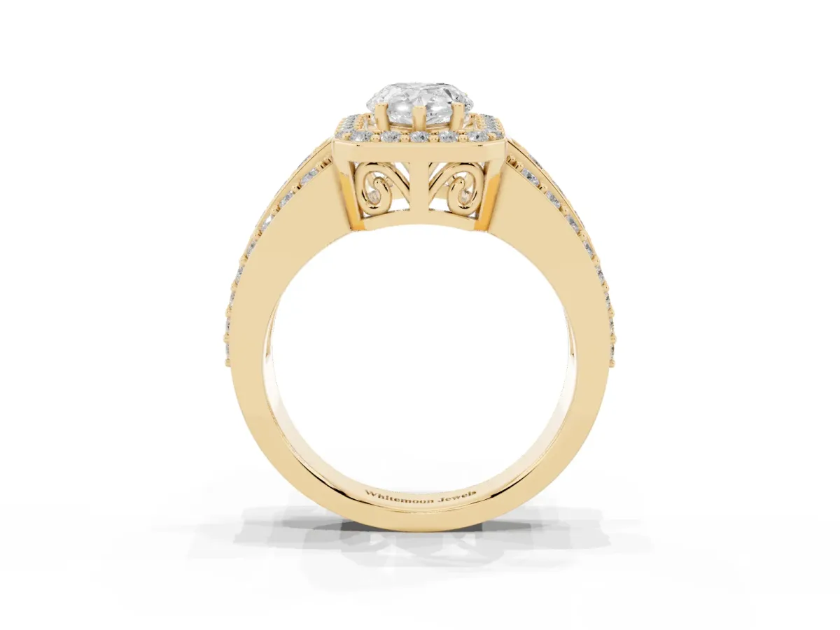 Pear Cut Halo Diamond Ring with Round Split Shank and Prong Setting Yellow gold