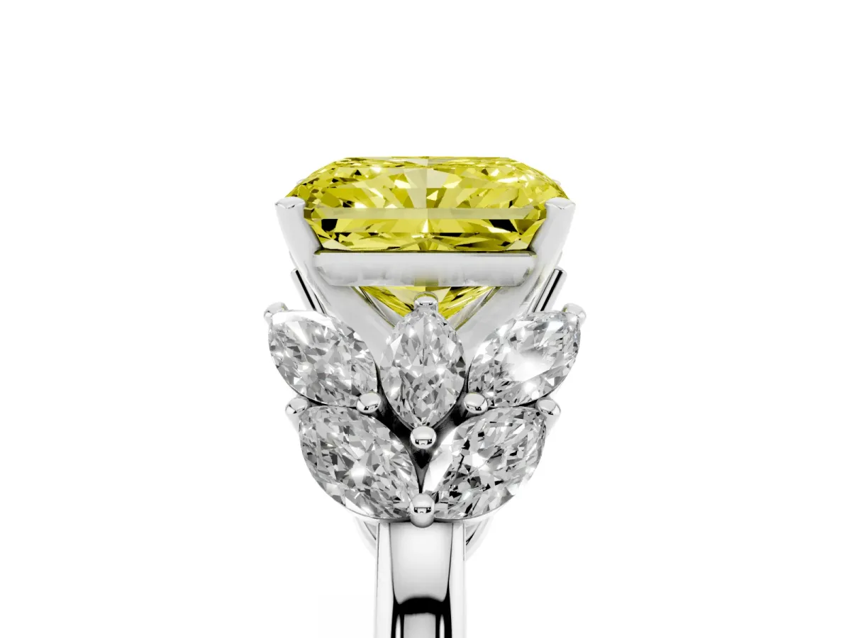 Fancy Yellow Radiant Cut Diamond Cluster Leaf Design Ring with Prong Setting Silver
