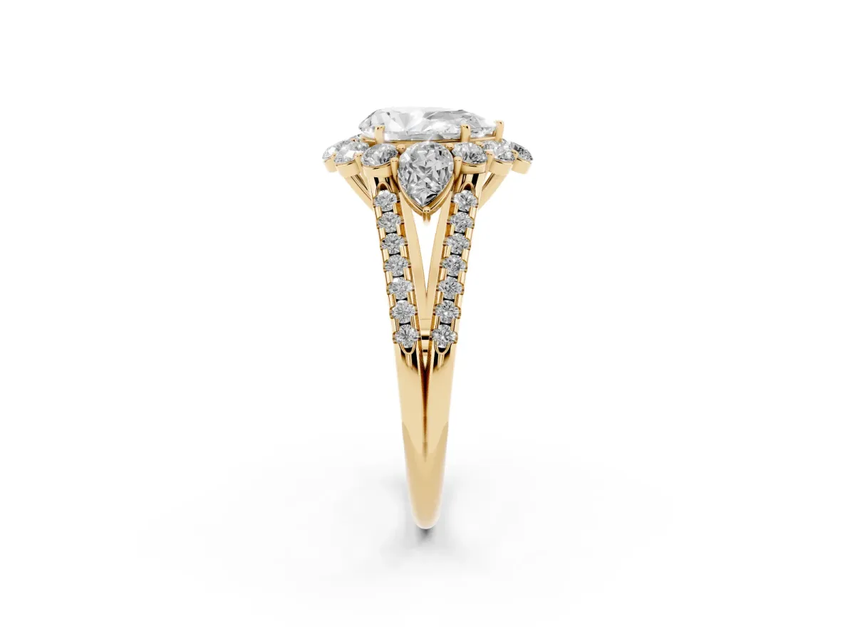 Pear Cut Halo Split Shank Diamond Engagement Ring with Prong Setting Yellow gold