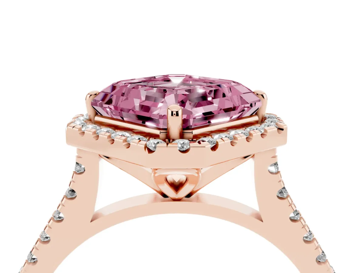 Fancy Pink Asscher Cut Diamond Cushion Halo Ring with Pavé Band Rose gold