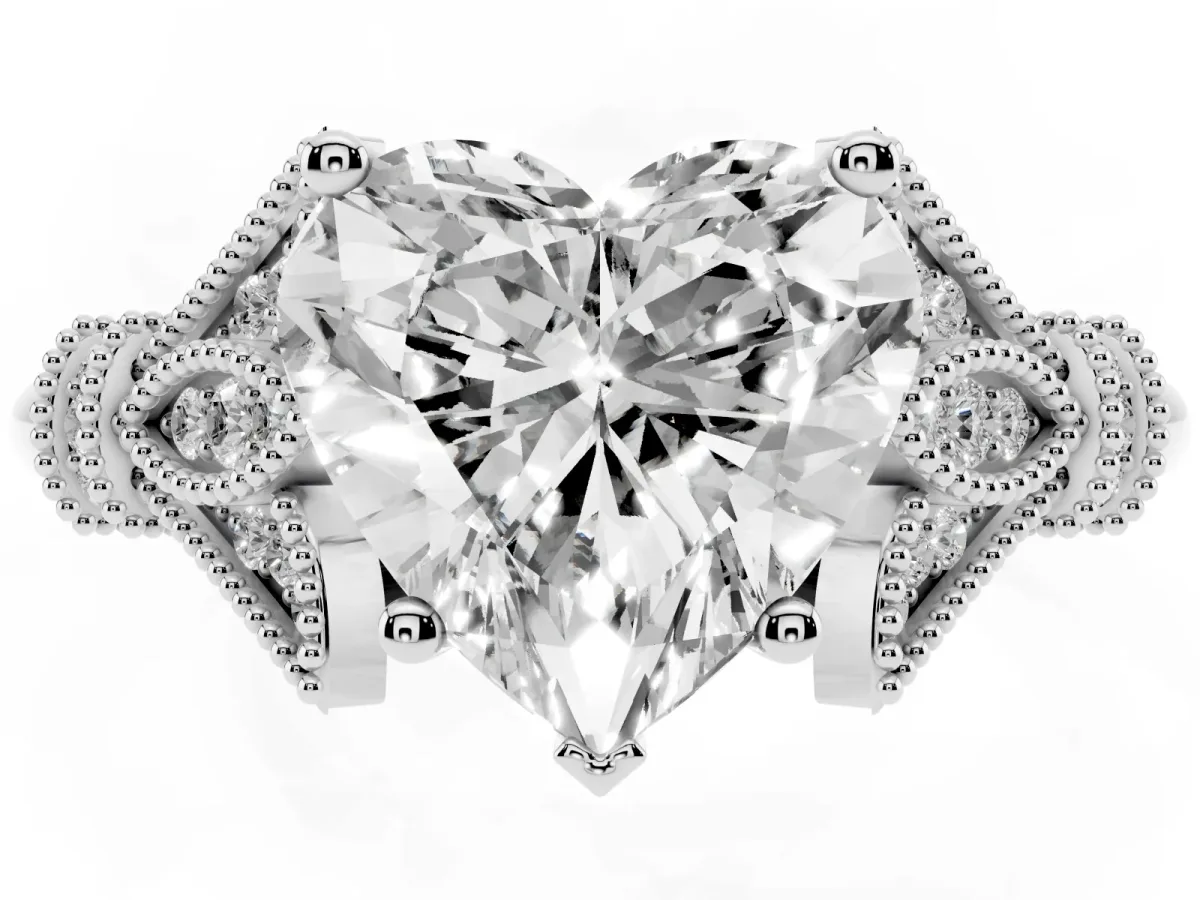Heart Cut Diamond Solitaire Ring with Floral Filigree and Pave Accents White gold