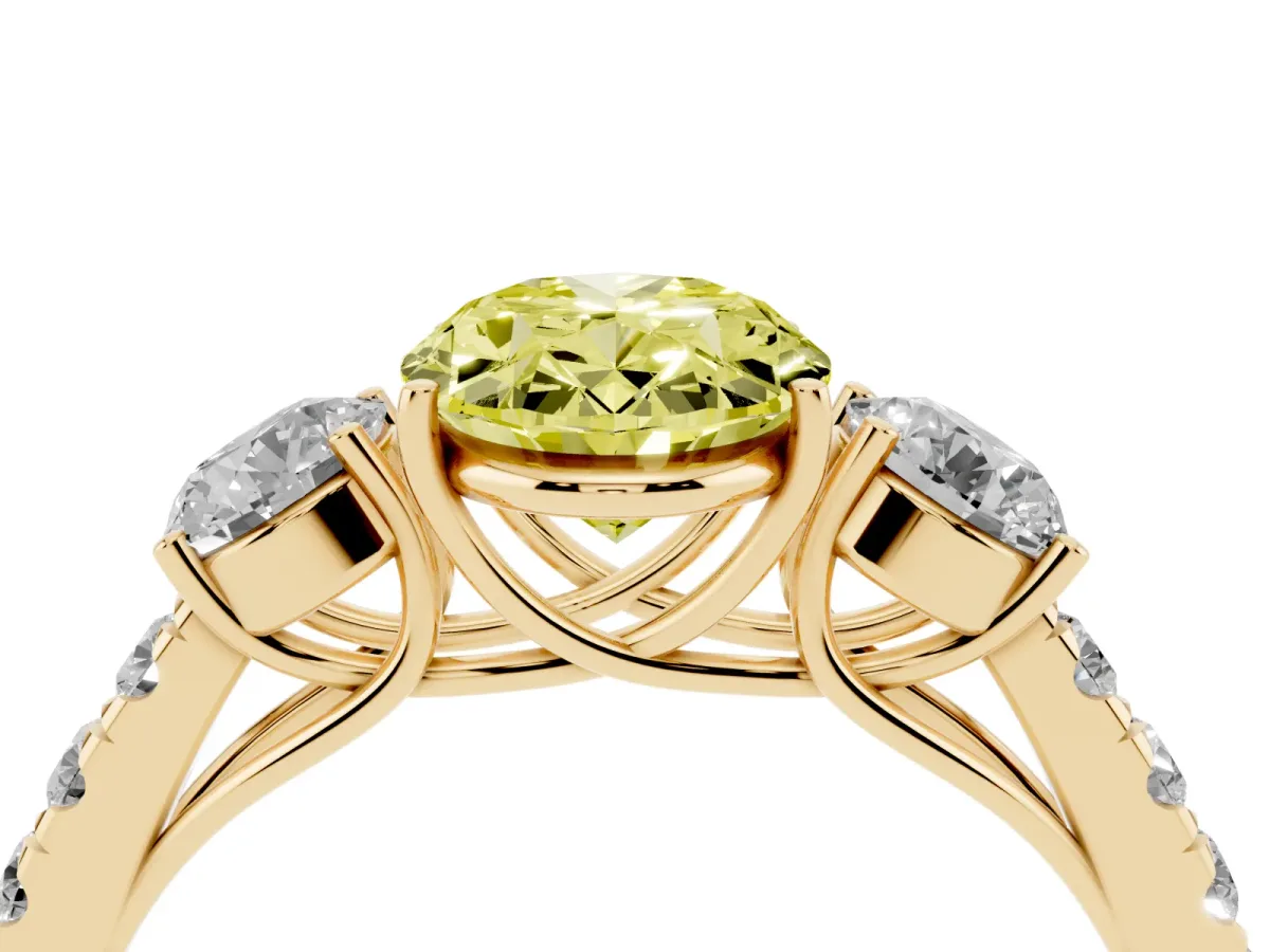 Fancy Yellow Oval Cut Cut Diamond Three-Stone Ring with Round Side Stones and Pavé Band Yellow gold
