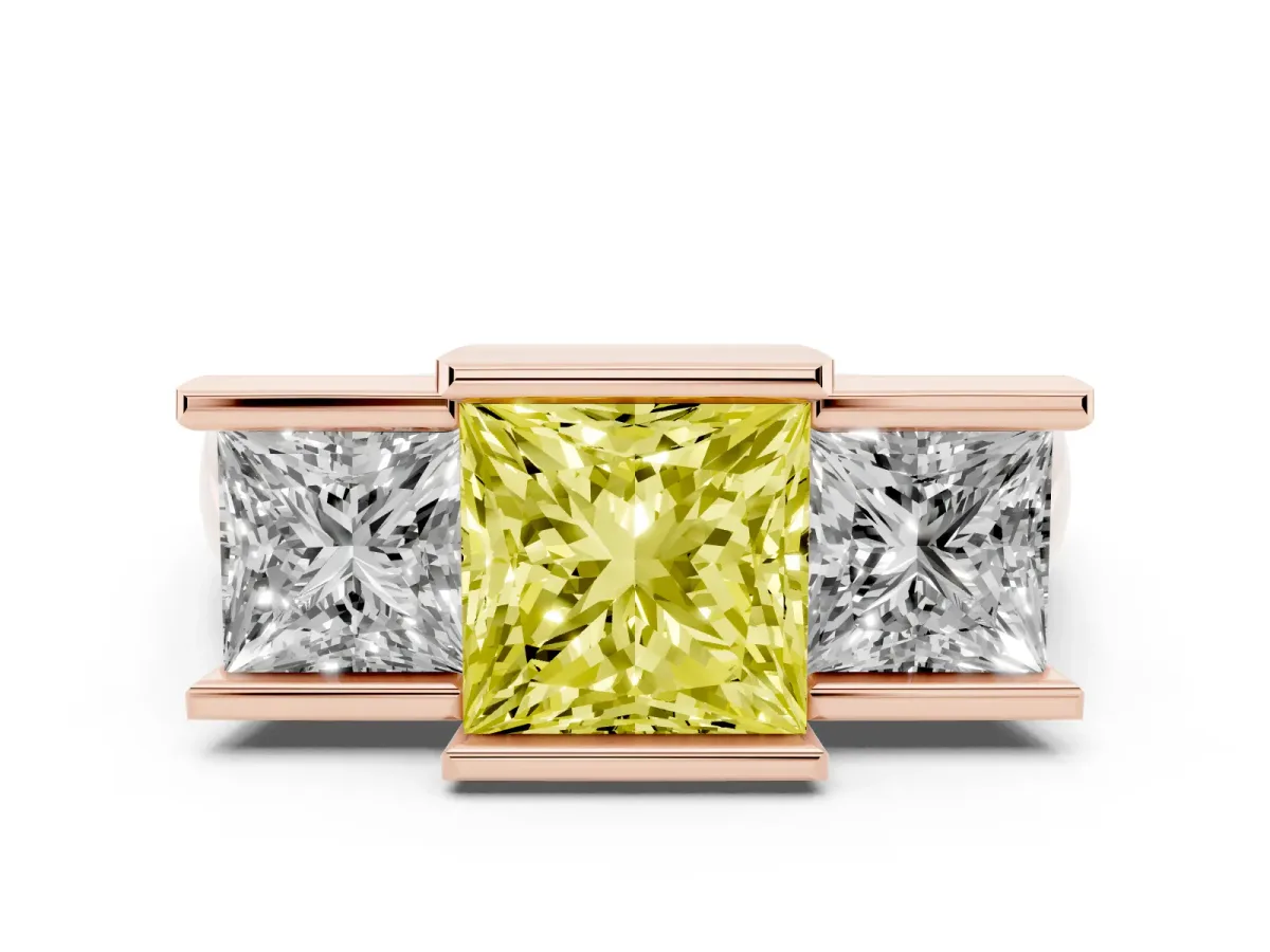 Fancy Yellow Three Stone Princess Cut Cut Channel Set Diamond Ring Rose gold