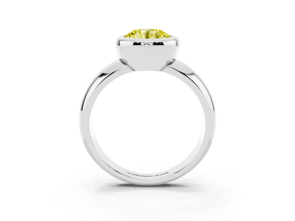 Fancy Yellow Bezel Set Round Cut Solitaire Ring with Wide Band Platinum