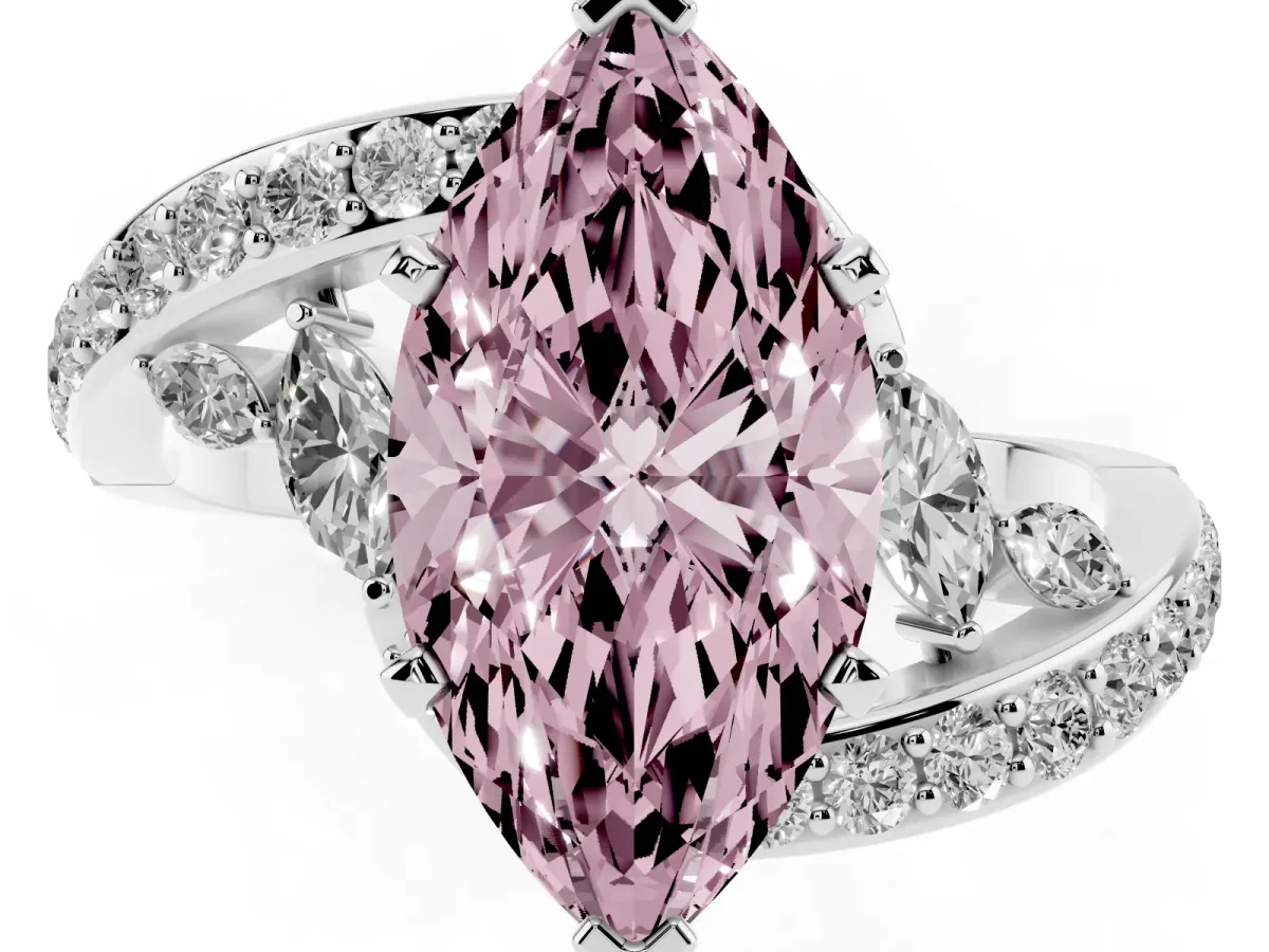 Fancy Pink Marquise Cut Solitaire with Pavé Twist Band and Four-Prong Setting Silver