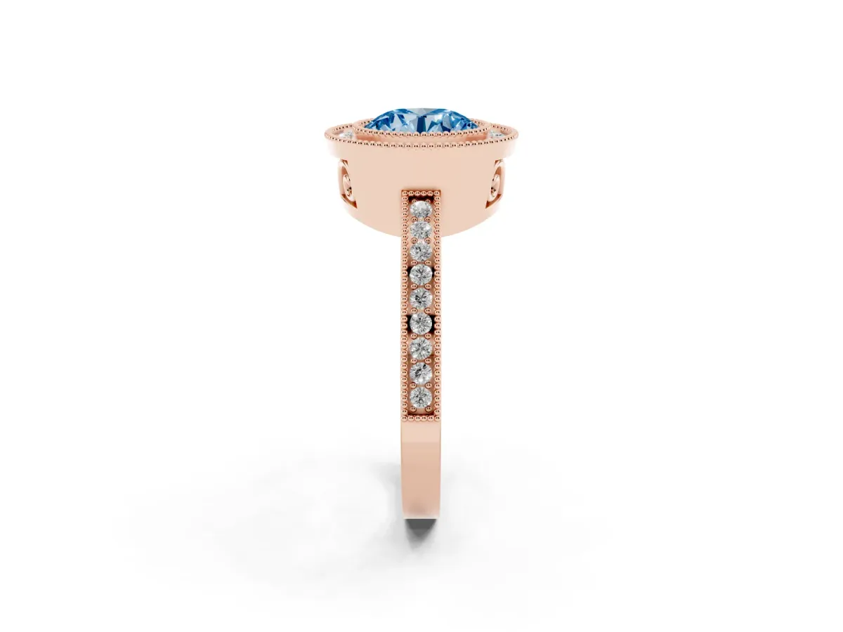 Fancy Blue Round Cut Cut Halo Diamond Ring with Pavé Band and Milgrain Prong Setting Rose gold