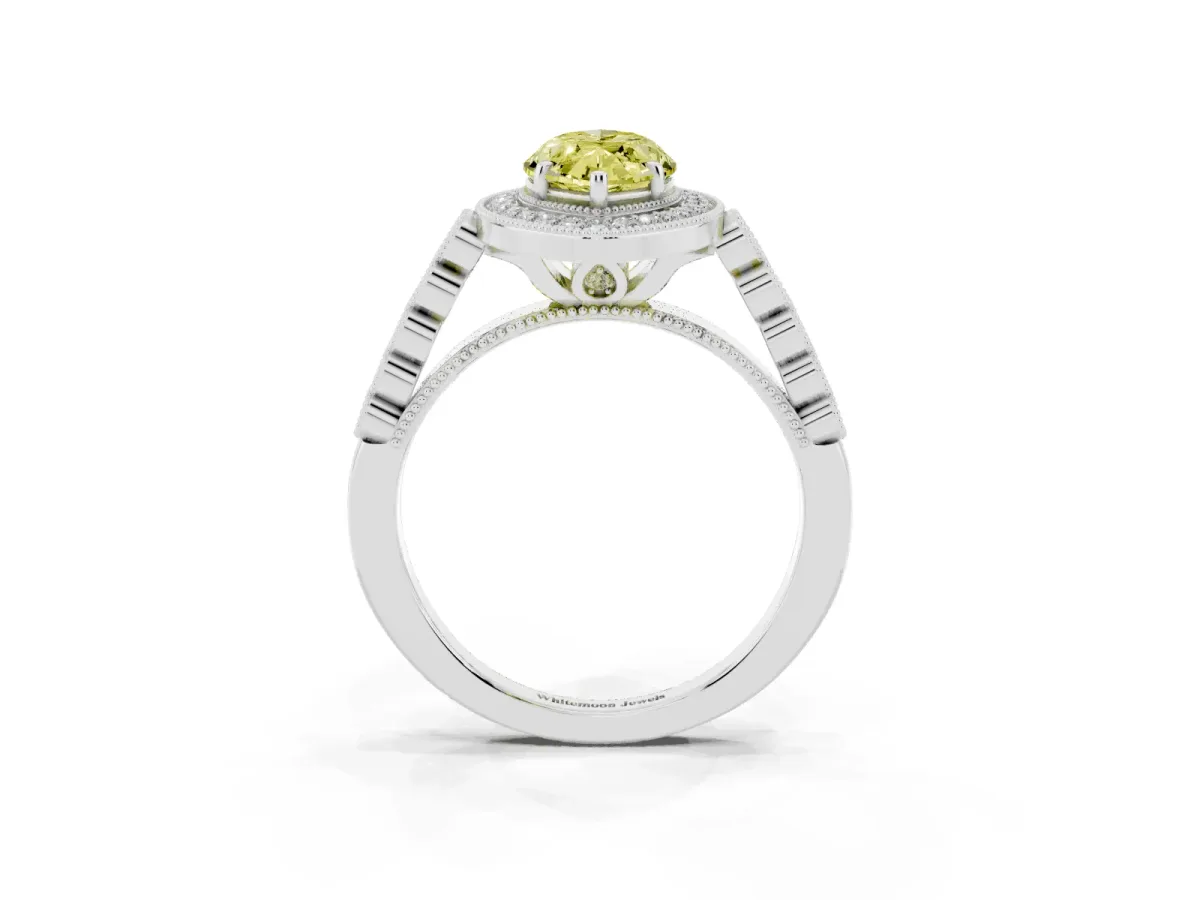 Fancy Yellow Marquise Cut Halo Milgrain Solitaire with Bezel Set Side Stones and Pave Band Silver