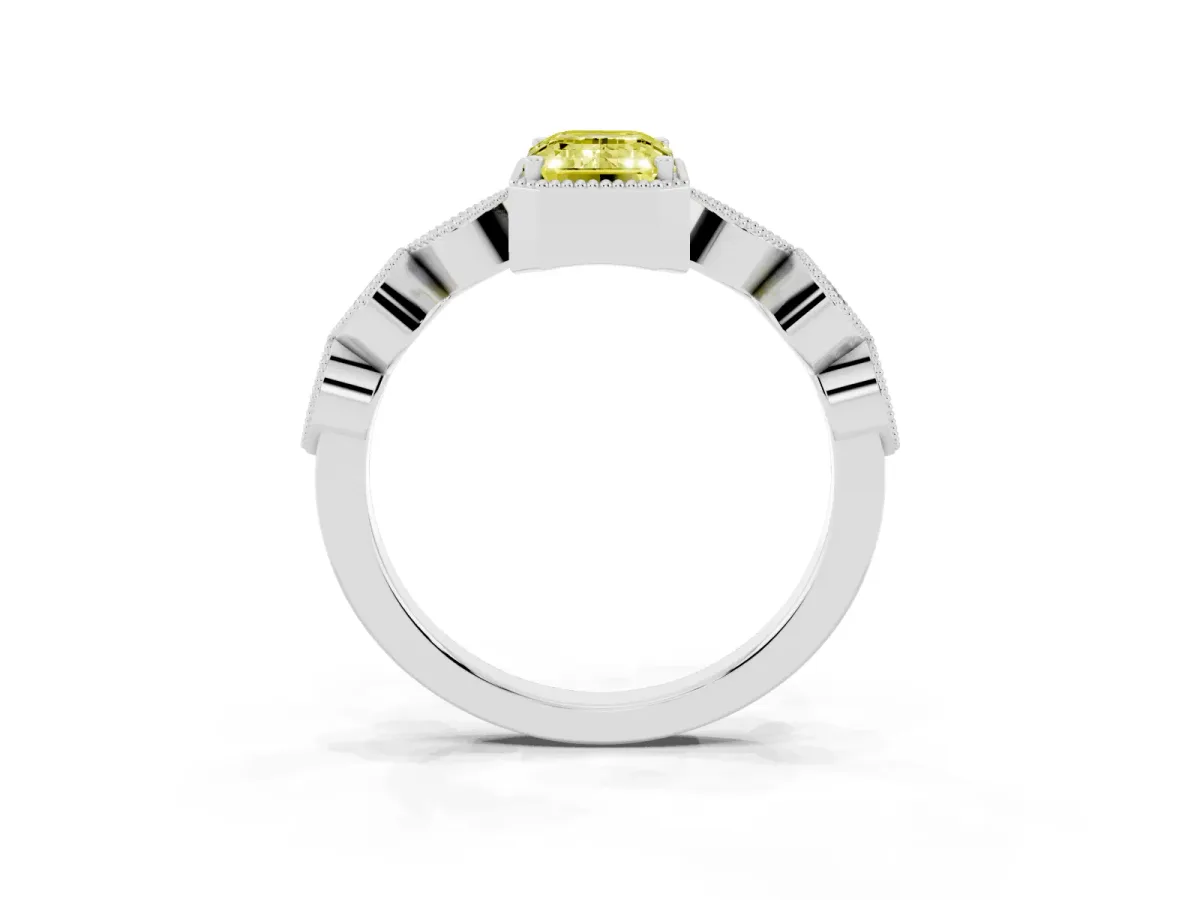 Fancy Yellow Emerald Cut Diamond Vintage Milgrain Ring with Round Stations White gold