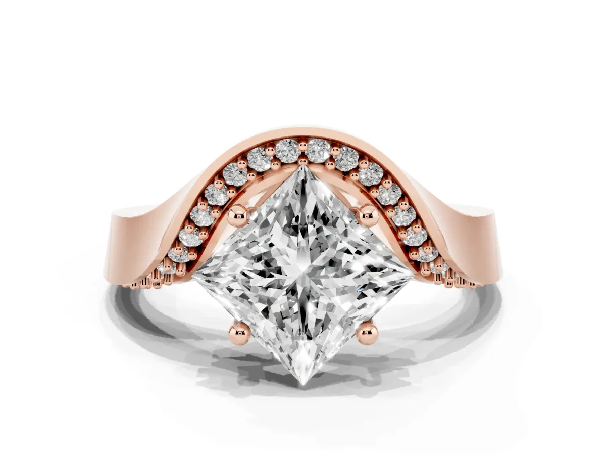 Princess Cut Solitaire Diamond Engagement Ring with Pave Band and Four-Prong Setting Rose gold