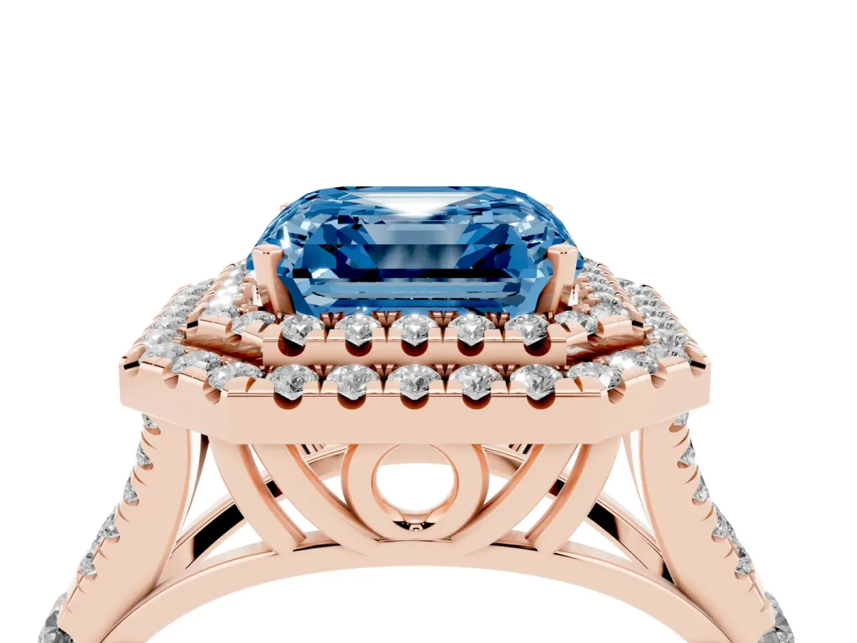 Fancy Blue Asscher Cut Diamond Pavé Split Shank Double Halo Engagement Ring Rose gold