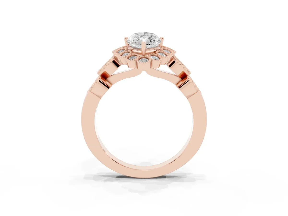 Marquise Cut Brilliant Milgrain Pave Heart Band Solitaire Ring Rose gold