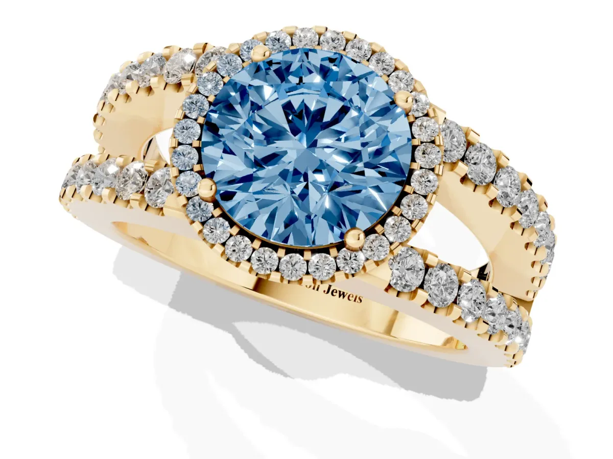 Fancy Blue Round Cut Cut Halo Split Shank Diamond Ring with Four-Prong Setting Yellow gold