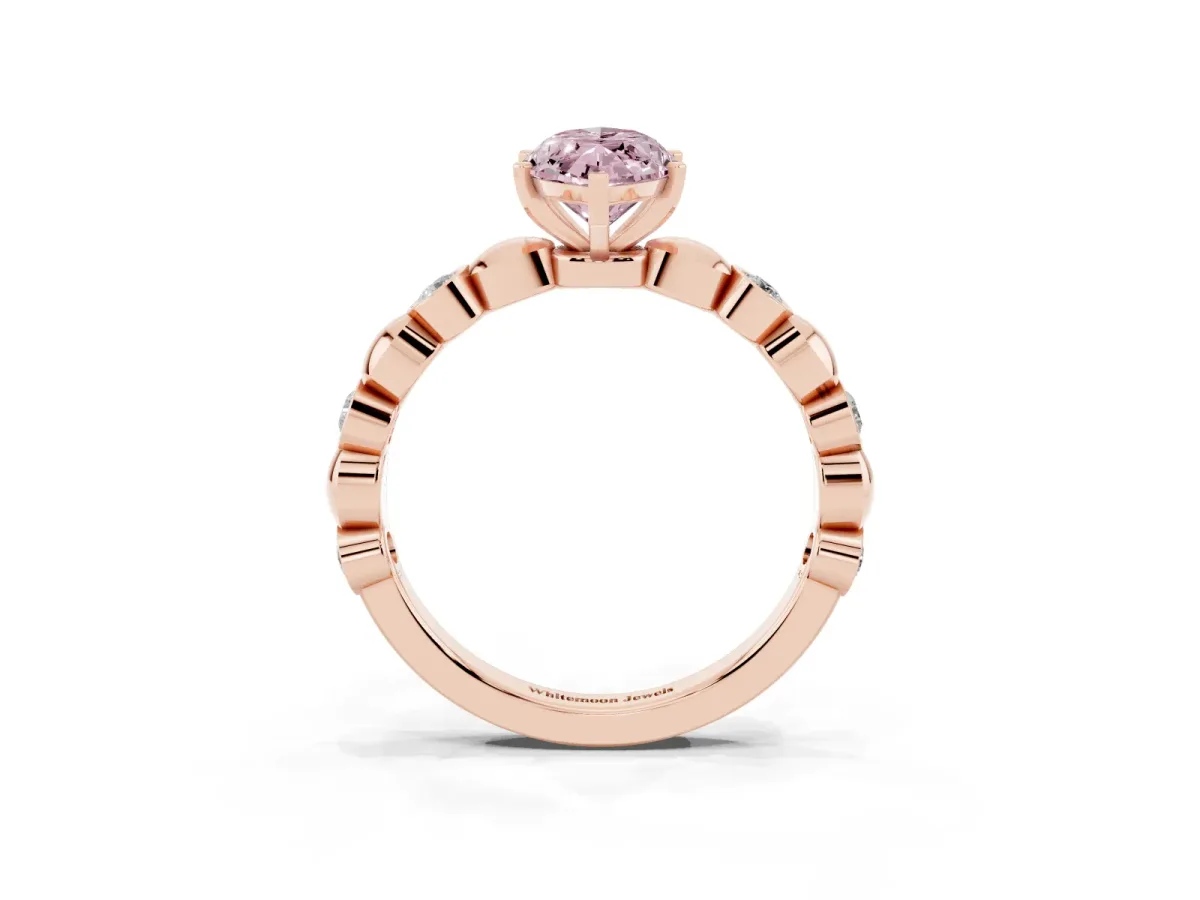 Fancy Pink Marquise Cut Solitaire Bezel-Set Diamond Ring with Beaded Band and Four-Prong Setting Rose gold