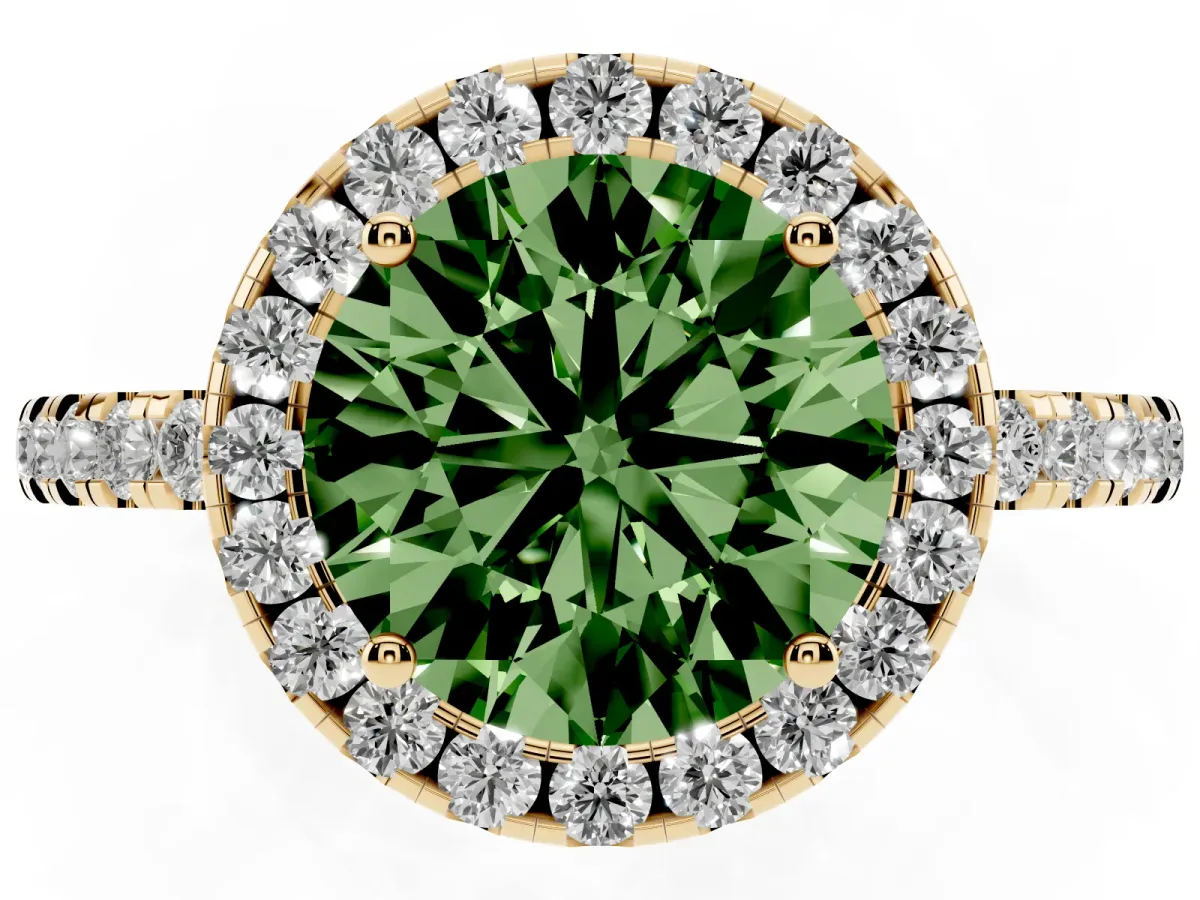 Fancy Green Round Cut Halo Diamond Engagement Ring with Pavé Band and Four-Prong Setting Yellow gold