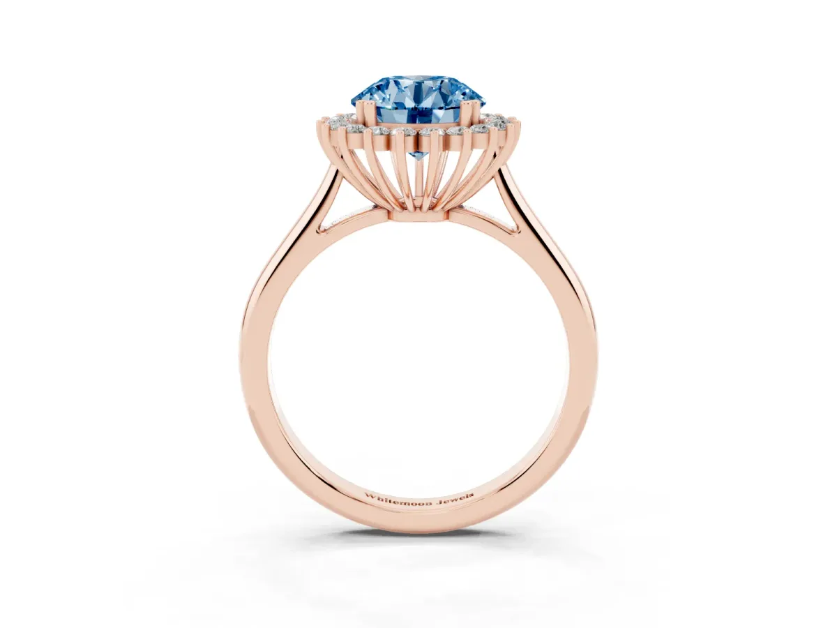 Fancy Blue Round Cut Cut Diamond Halo Ring with Solitaire Band and Prong Setting Rose gold