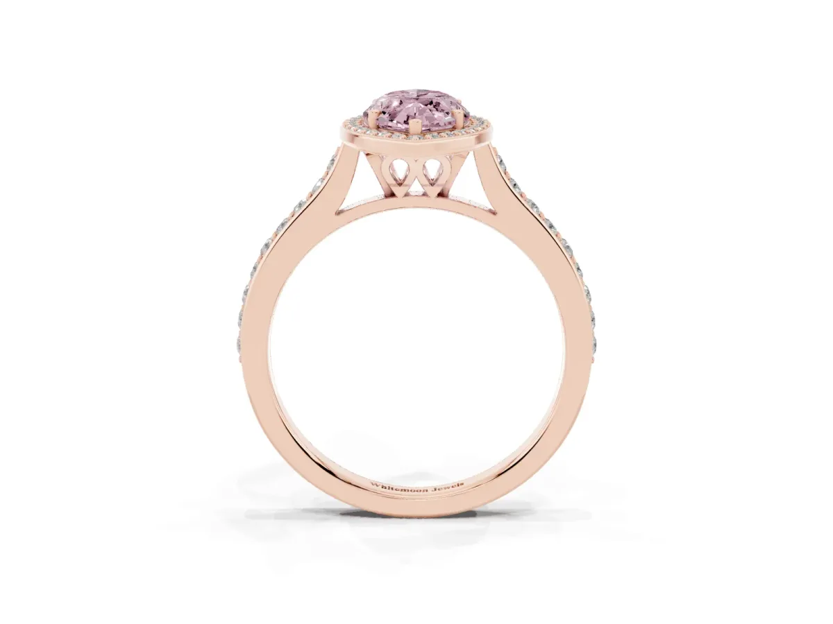 Fancy Pink Marquise Cut Diamond Halo Engagement Ring with Round Pavé Shoulders and Prong Setting Rose gold