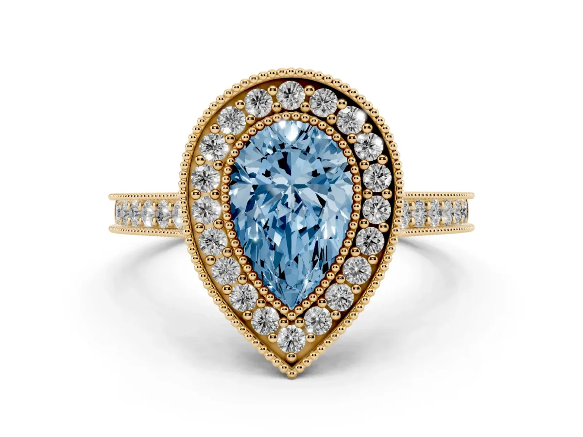 Fancy Blue Halo Pear Cut-Cut Diamond Pave Band Milgrain Prong Setting Ring Yellow gold