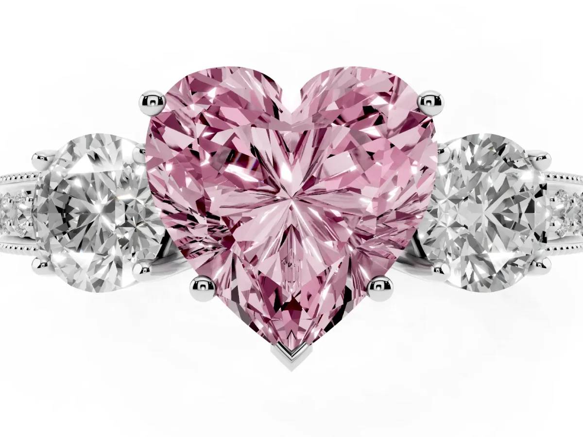 Fancy Pink Heart Cut Three-Stone Diamond Ring with Pavé Band and Four-Prong Setting Silver
