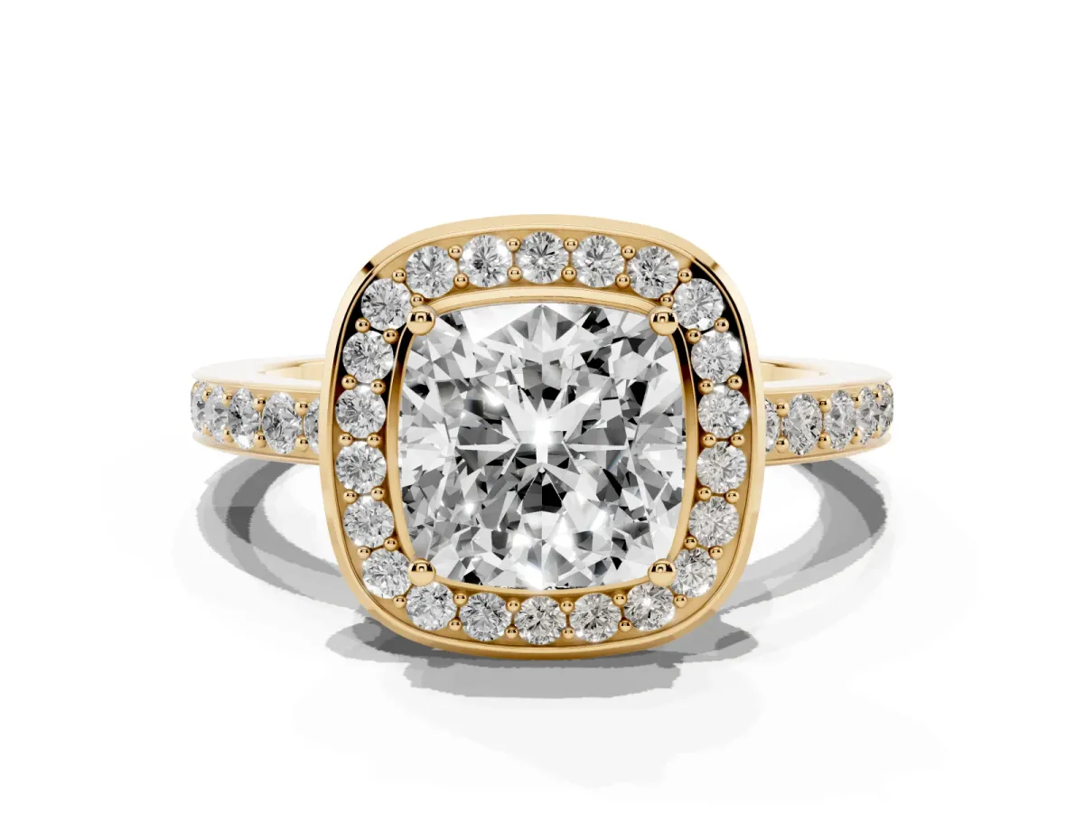 Cushion Cut Diamond Halo Ring with Bezel Frame and Pavé Band Yellow gold