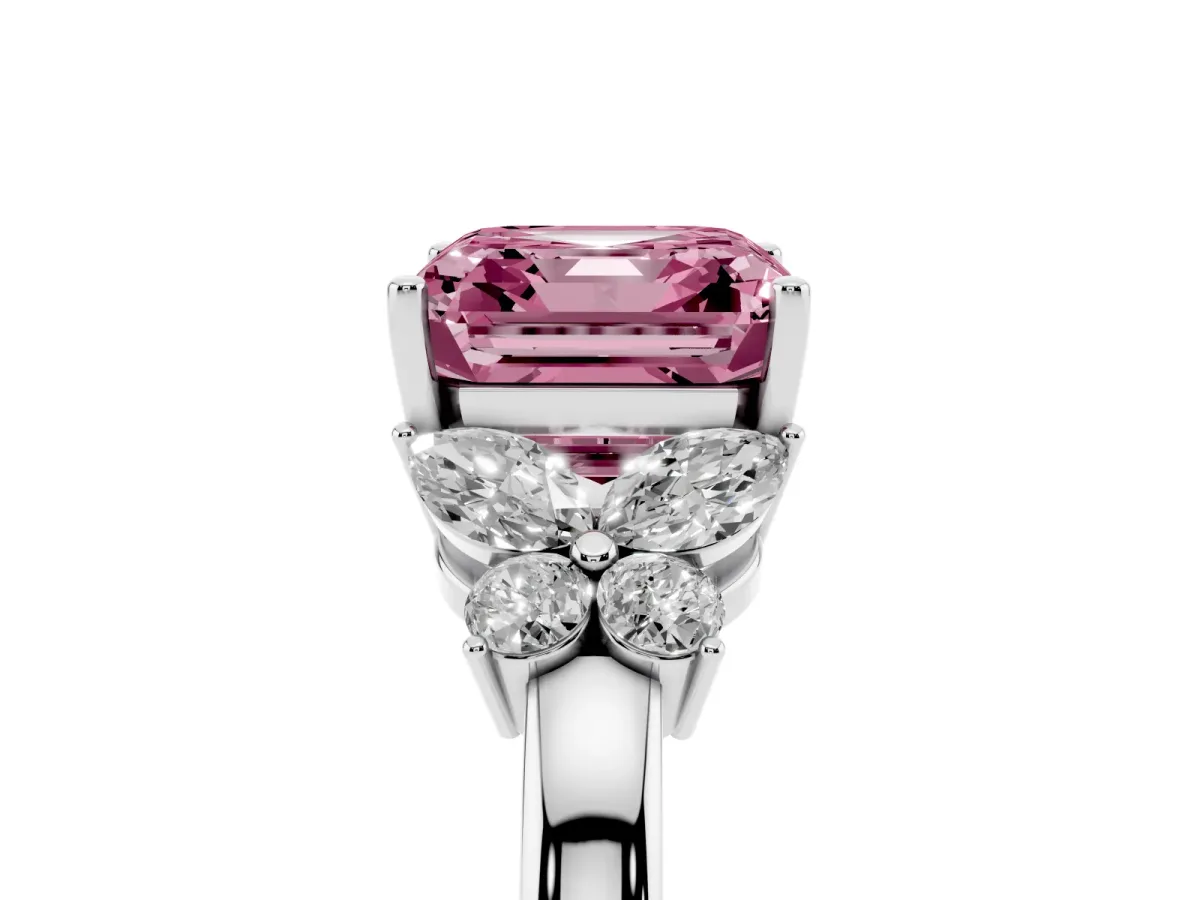Fancy Pink Asscher Cut Cut Solitaire Floral Diamond Ring with Four-Prong Setting Silver