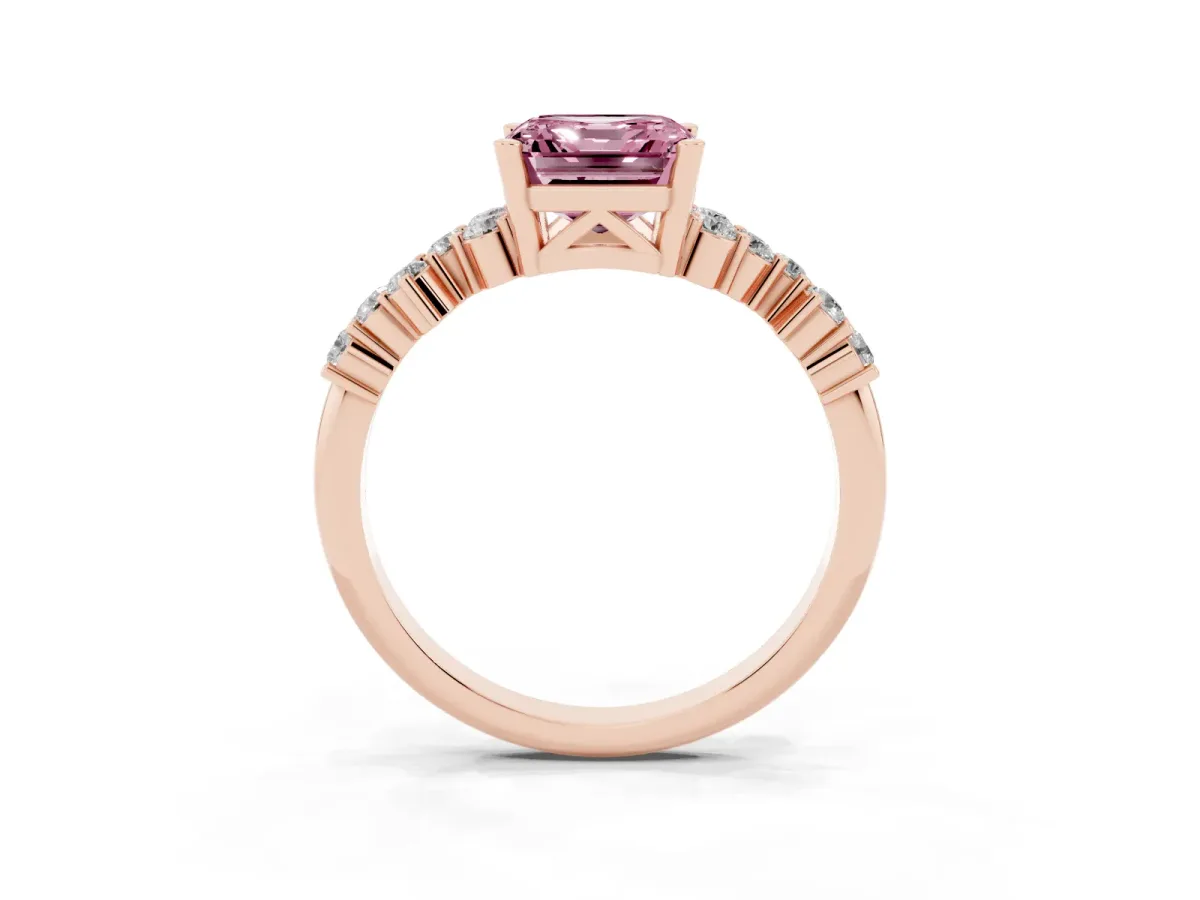 Fancy Pink Asscher Cut Diamond Scattered Round Accent Ring with Prong Setting Rose gold