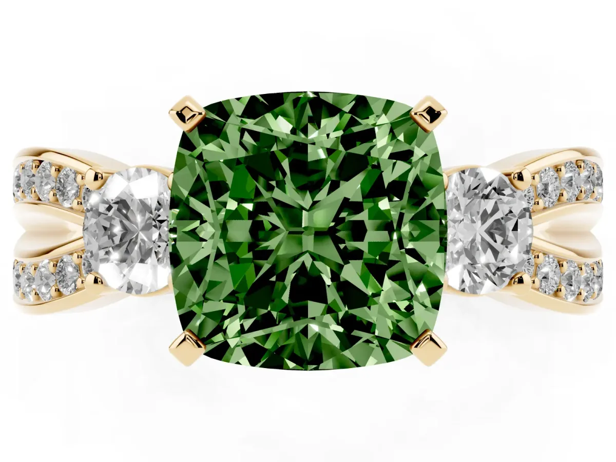 Fancy Green Three-Stone Cushion Cut Cut Diamond Twist Band with Prong Setting Yellow gold