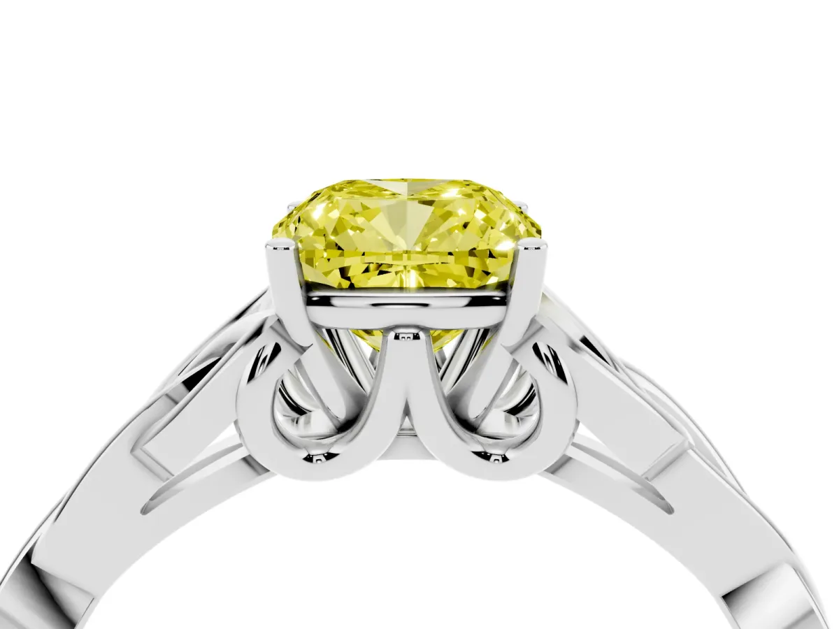 Fancy Yellow Cushion Cut Diamond Solitaire Engagement Ring with Celtic Knot Band and Four-Prong Setting Silver