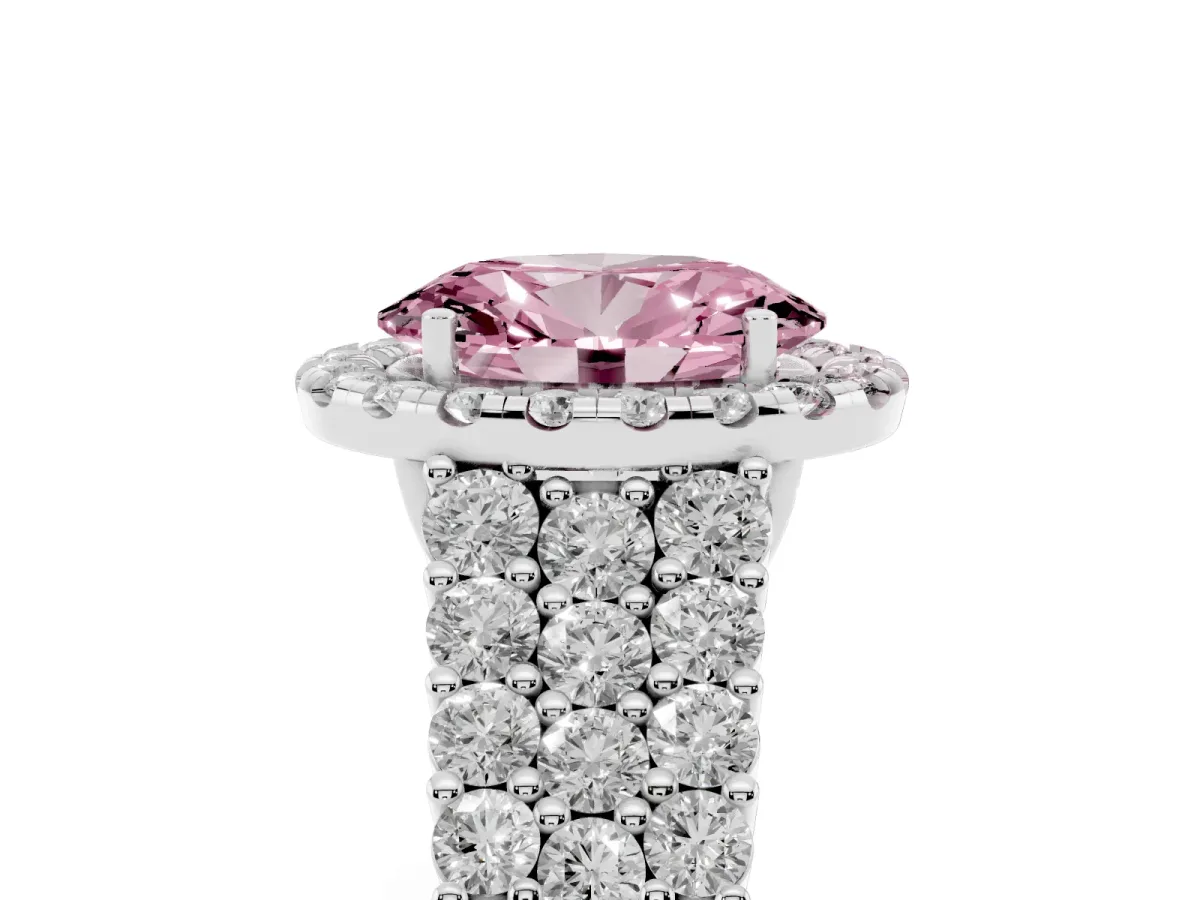 Fancy Pink Oval Cut Diamond Halo Engagement Ring with Triple Row Round Pavé Band and Prong Setting Platinum