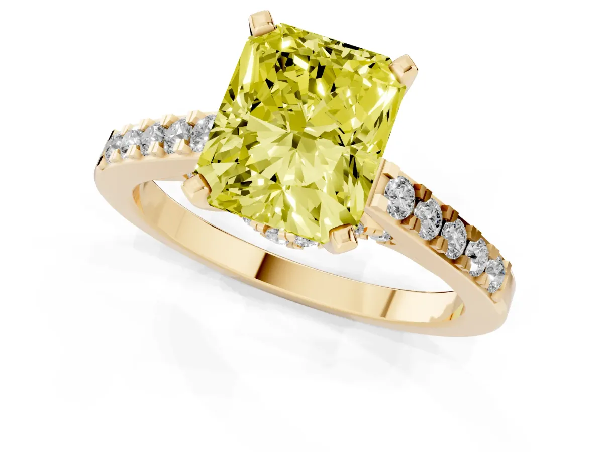 Fancy Yellow Radiant Cut Diamond Solitaire Ring with Crossover Gallery and Round Pavé Band Yellow gold