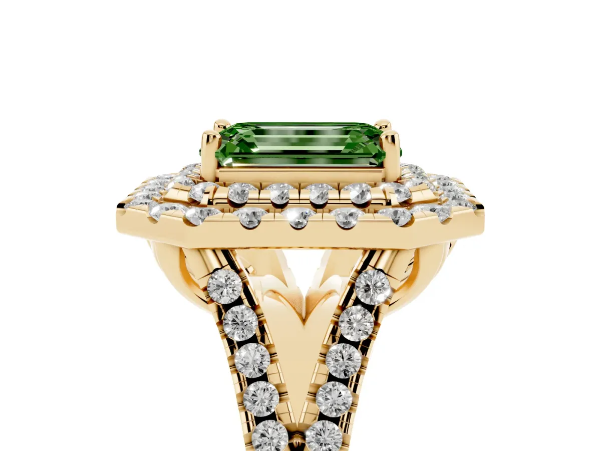 Fancy Green Double Halo Emerald Cut Diamond Pavé Split Shank Ring with Prong Setting Yellow gold
